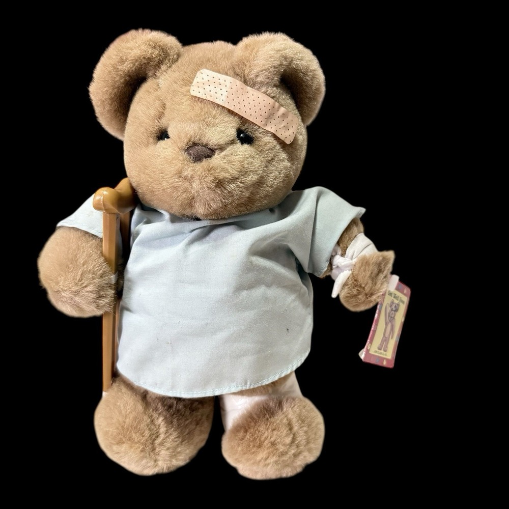 Vtg Jerry Elsner Get Well Soon 10" Teddy Bear Plush Crutch Bandage Cast